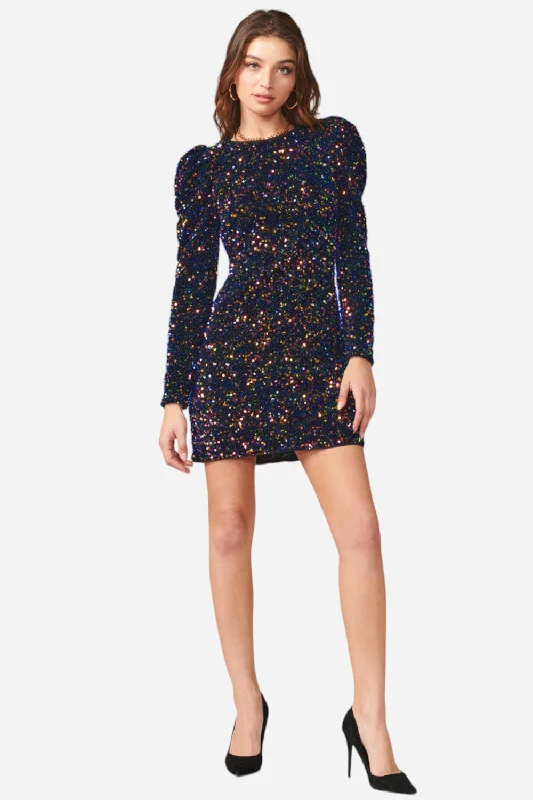 Women's High-Fashion Clothes Discount Extravaganza Adelyn Rae Gale Velvet Sequins Puff Sleeve Mini Dress in Midnight