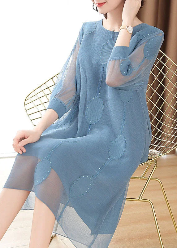 Classic Women's Apparel Effortless Comfort Women Blue Dot Embroidered Tulle Holiday Maxi Dress Fall