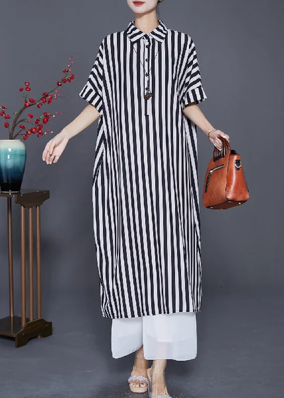 Women's Vacation Attire Limited Quantities Black Striped Silk Maxi Dresses Oversized Peter Pan Collar Summer