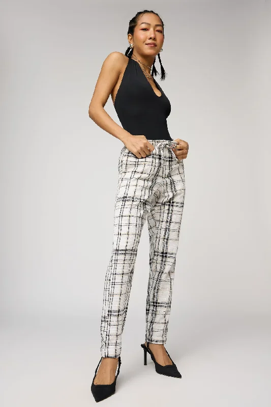 Women's Evening Attire Elegant Contour Grid Glam White and Black Checkered Pants