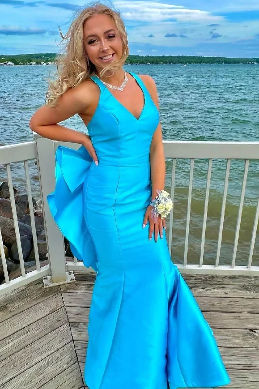 Women's Outdoor Activity Garments Casual Chic Blue Mermaid V-Neck Satin Pleated Formal Prom Dress with Big Bow