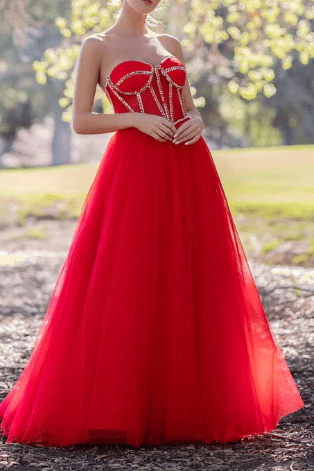 Women's Casual Wear Clothes You'Ll Love Us Because Red Strapless Beads Empire-Waist Sleeveless Tulle Long Prom Formal Dress