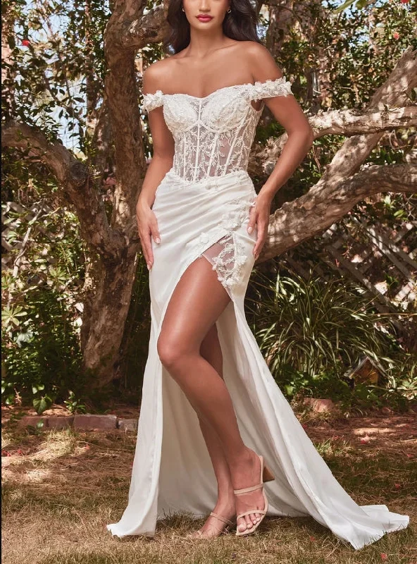 Timeless Women's Garments Stylish Basics DingJiDress Wedding Dress December Wedding Off Shoulder With Lace Adorned Sheer Bodice Soft Satin With Thigh High Leg Slit Detailed Flowers Beading Elegant Luxury Dress