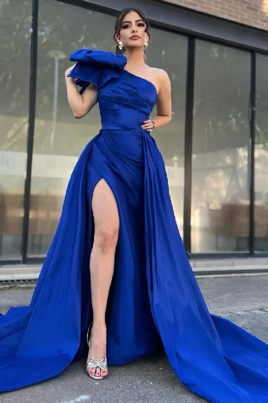 Women's Evening Garments Vibrant Styles A-Line One Shoulder Pleated Satin Long Prom Formal Dress with Bow