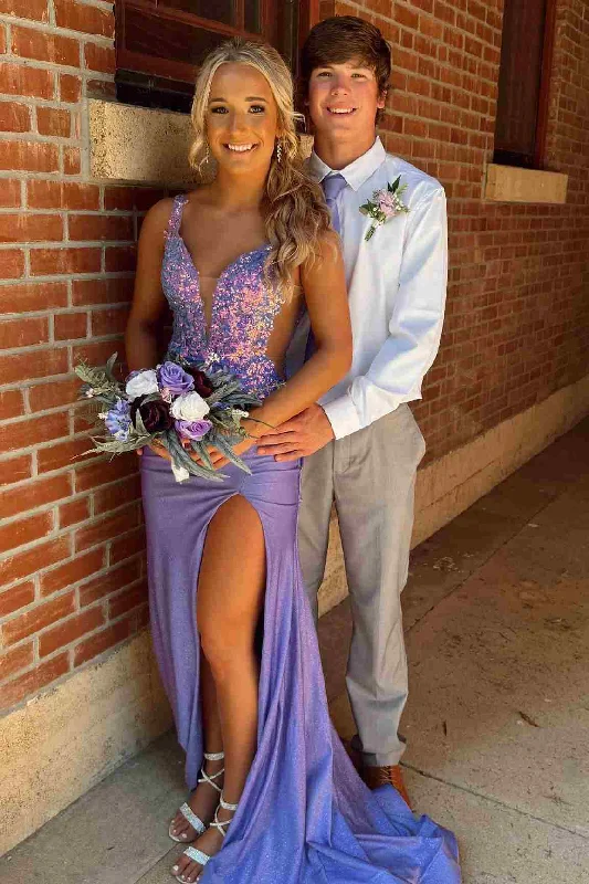 Women's Trendy Apparel Essentials On Sale Purple Double Straps V-Neck Sleeveless Appliques Prom Dress with Slit