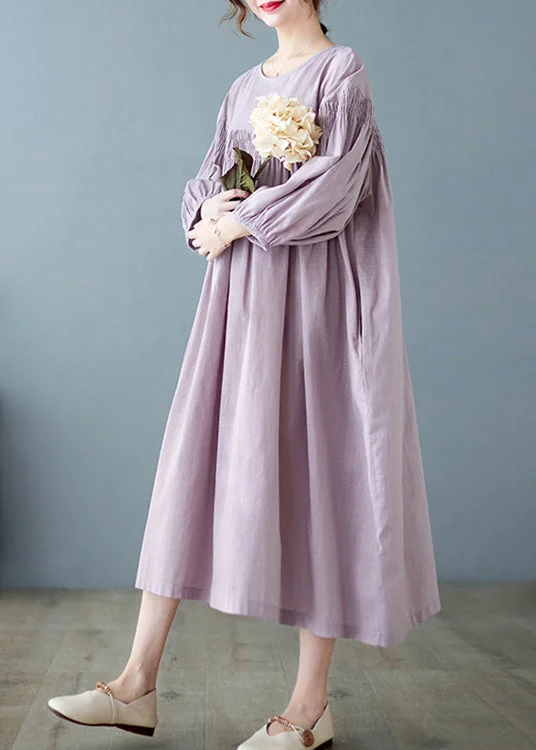 Women's Casual Wear Outfit Elegant Simplicity Wardrobe Women Purple O-Neck Patchwork Wrinkled Maxi Dresses Spring