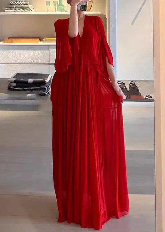 Women's Date Night Outfit Unleash Your Fashion Elegant Red V Neck Wrinkled Solid Chiffon Maxi Dress Half Sleeve