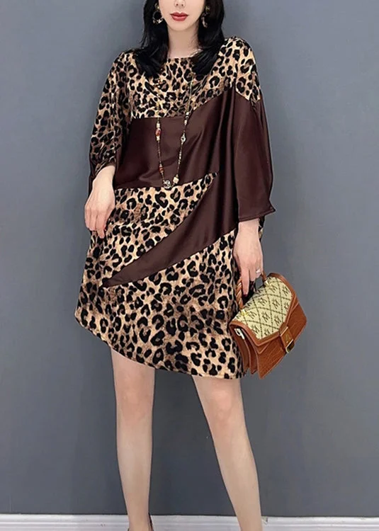 Women's Clothing Outfit Set Trendy Street Style Attire Beautiful Chocolate O-Neck Leopard Print Maxi Dresses Spring