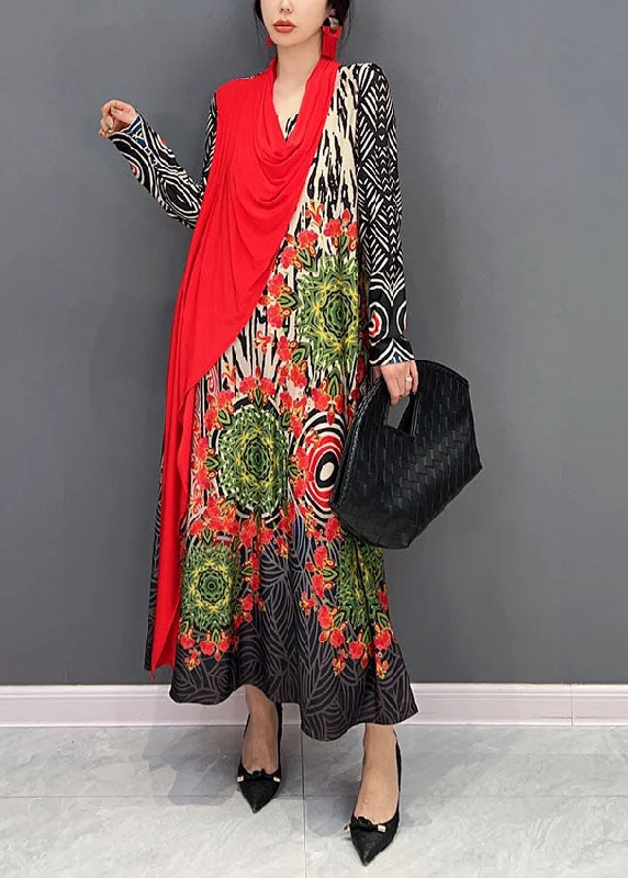 Modern Women's Outfit Trend Forward Threads Boho Red Asymmetrical Patchwork Print Maxi Dress Spring