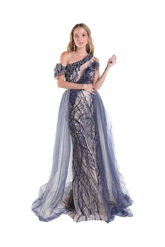 Women's Clothing With Trendy Designs Unbeatable Prices Feather One Shoulder Overskirt Gown by Lucci Lu C8058