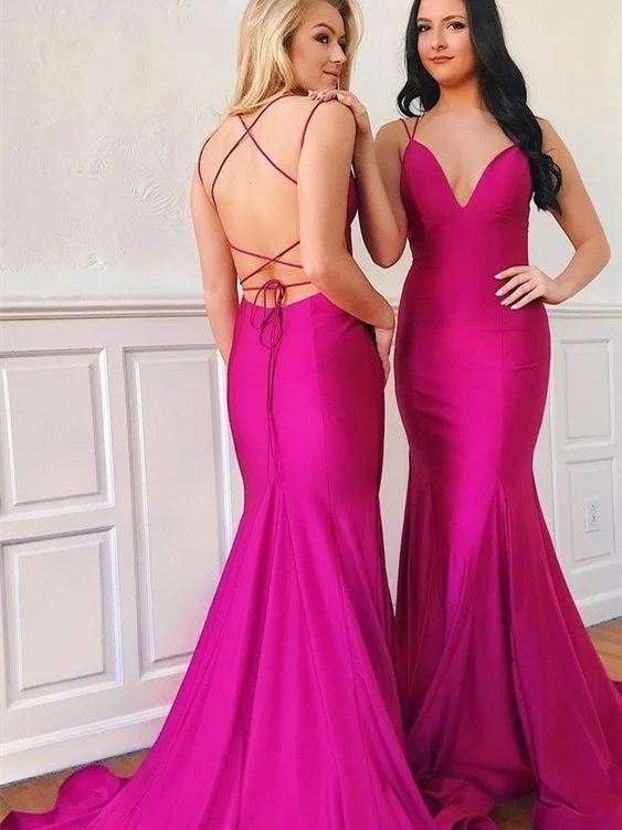 Women's Trendy Apparel Refined Look Hot Pink Elastic Satin Long Mermaid Prom Dresses, Lace Up Prom Dresses, Lovely Mermaid Prom Dresses