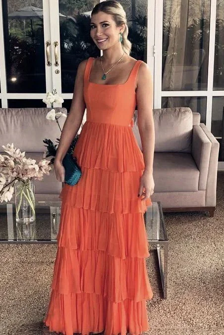 Women's Activewear Garments Latest Fashion Elegant Straps Square Layered Sleeveless Long Prom Formal Dress