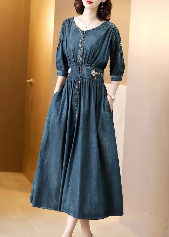 Women's Active Outfit For Fitness Chic Trends For The Fashion Savvy Boho Blue O-Neck Wrinkled Tunic Cotton Denim Maxi Dress Long Sleeve