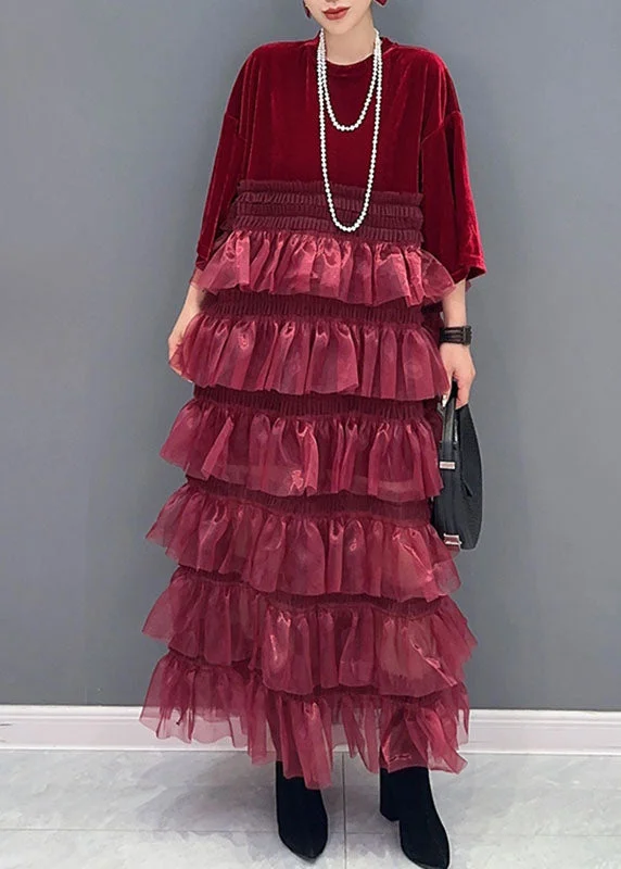 Women's Clothes And Apparel Free-Spirited Fashion Organic Red O-Neck Tulle Patchwork Silk Velour Maxi Dress Bracelet Sleeve