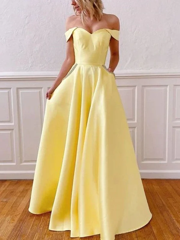 Women's Weekend Outfit Mega Sale Off The Shoulder Yellow Satin Long Prom Dresses, Beaded Prom Dresses With Pocket