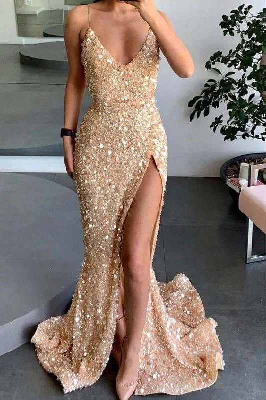 Women's Seasonal Apparel From Casual To Classy Gold Spaghetti Straps Sequined High Slit Sleeveless Mermaid Long Prom Dress