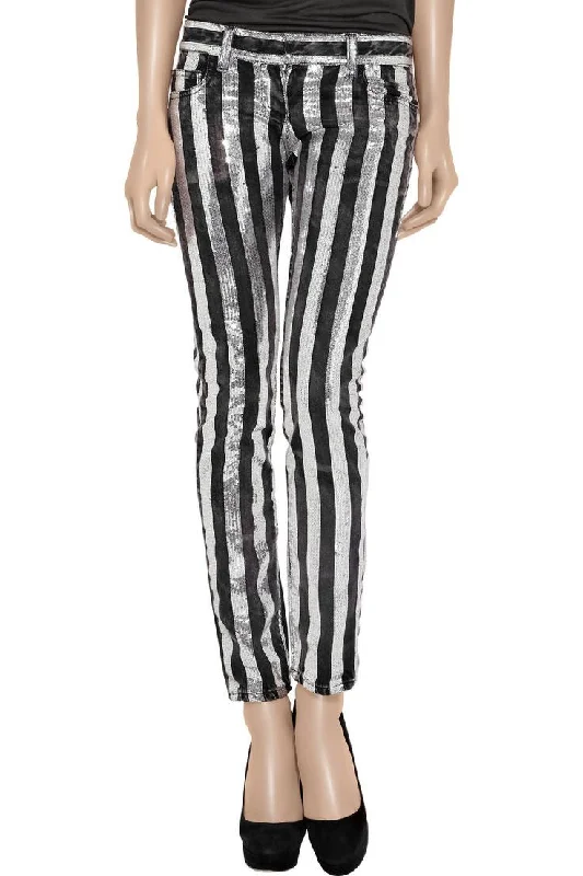 Women's Casual Attire Versatile Style Wardrobe Balmain - Black and Silver Embellished  Striped Jeans - FR 40