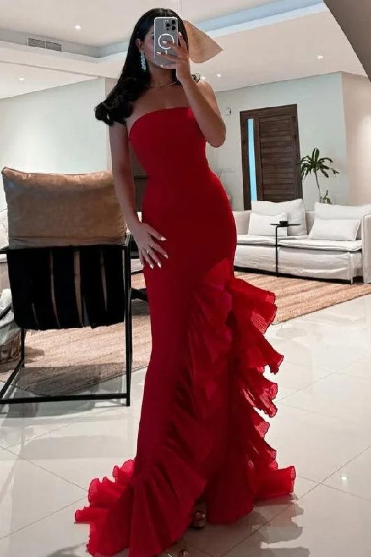 Casual Clothes For Women Limited Edition Red Strapless Ruffles Scoop Neck Mermaid Sleeveless Long Prom Dress