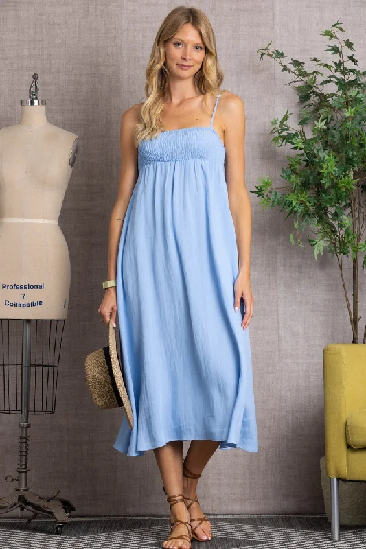 Women's Trendy Clothing Chic Styles BLUE SPAGHETTI STRAP BODICE LINEN MAXI DRESS ID31407