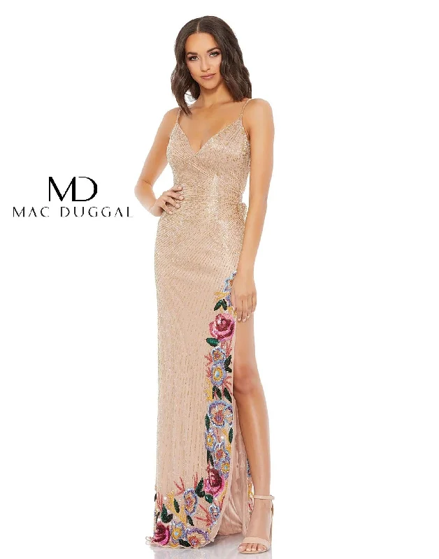 Women's Holiday Clothes Bold Fashion Mac Duggal 5238 Long Formal Floral Slit Beaded Gown