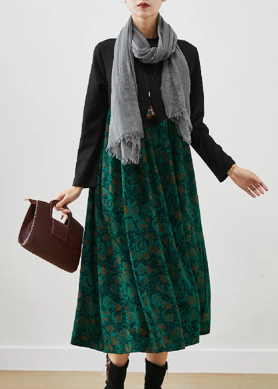 Women's Evening Wear Attire Lighten Up With Nordic Styles Beautiful Green Print Patchwork Cotton Maxi Dress Fall