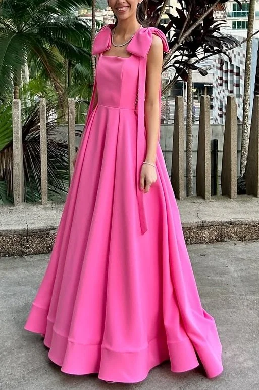 Stylish Women's Garments For Holidays Chic And Comfortable Pink Straps A-Line Satin Pleated Sleeveless Bows Long Prom Dress