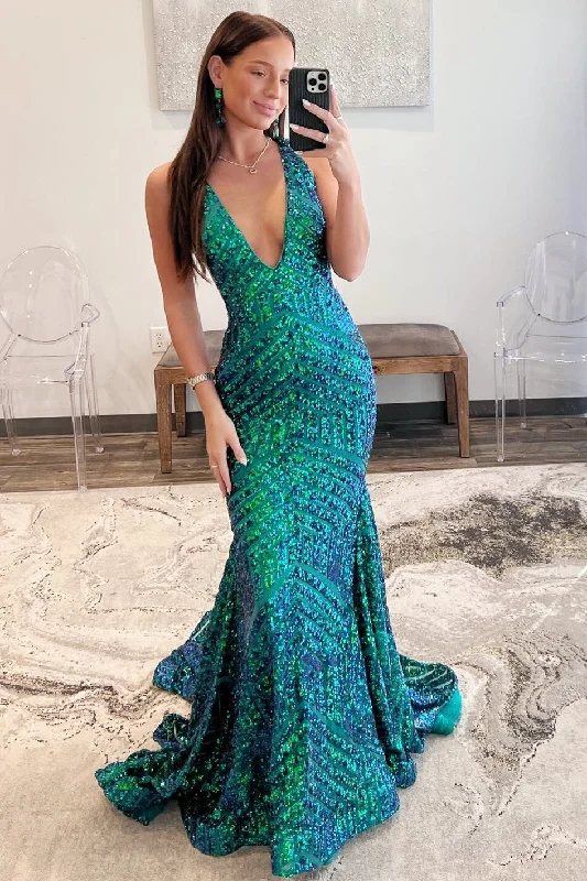 Women's Transitional Garments The Good Stuff Plunging V-Neck  Sequins Sleeveless Mermaid Long Evening Prom Dress