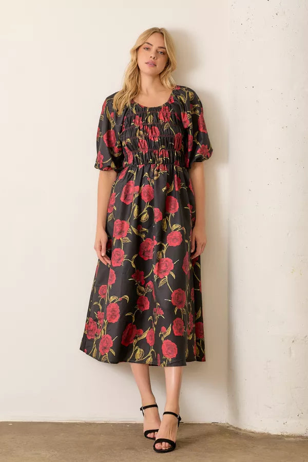 Women's Seasonal Clothes Boho - Chic Festival - Ready Style The Melinda Rose Print Smocked Midi Dress in Black/Red