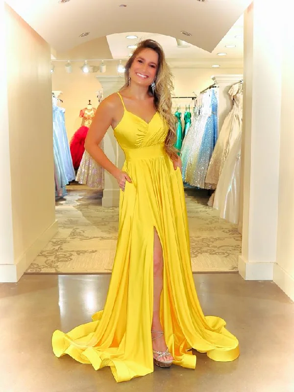 Sustainable Fashion Clothing For Women Effortless Chic Apparel Spaghetti Long A-line Yellow Elastic Satin Prom Dresses, Simple Chic 2021 Prom Dresses