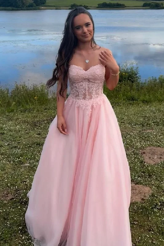 Women's Clothes And Apparel Sets Fashion Forward Pink Strapless Sweetheart Appliques Sleeveless A-Line Prom Dress