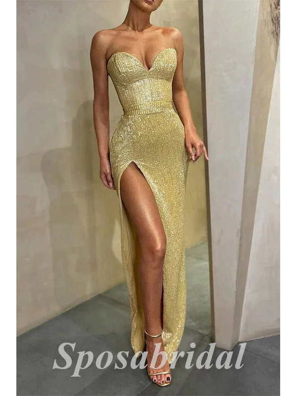 Women's Evening Wear Outfit Mid - Season Sale Sexy Sequin Sweetheart V-Neck Sleeveless Side Slit Mermaid Long Prom Dresses, PD3589