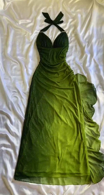 Women's Professional Apparel Seize Bargains Green Halter Ombre Ruffles Chiffon Long Party Dress Vintage Evening Gown, D382