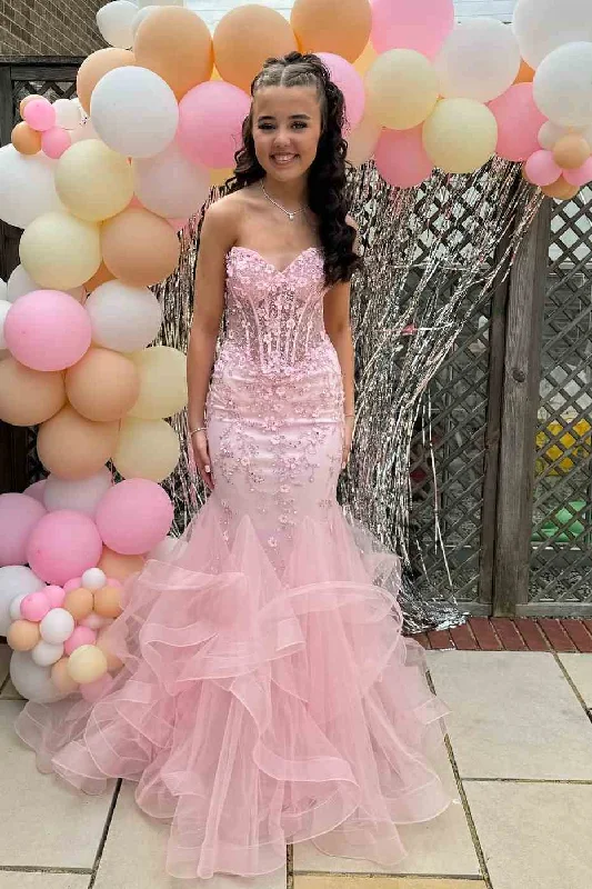 Stylish Women's Garments For Holidays Limited Time Pink Strapless Sleeveless Appliques Mermaid Ruffles Long Prom Dress