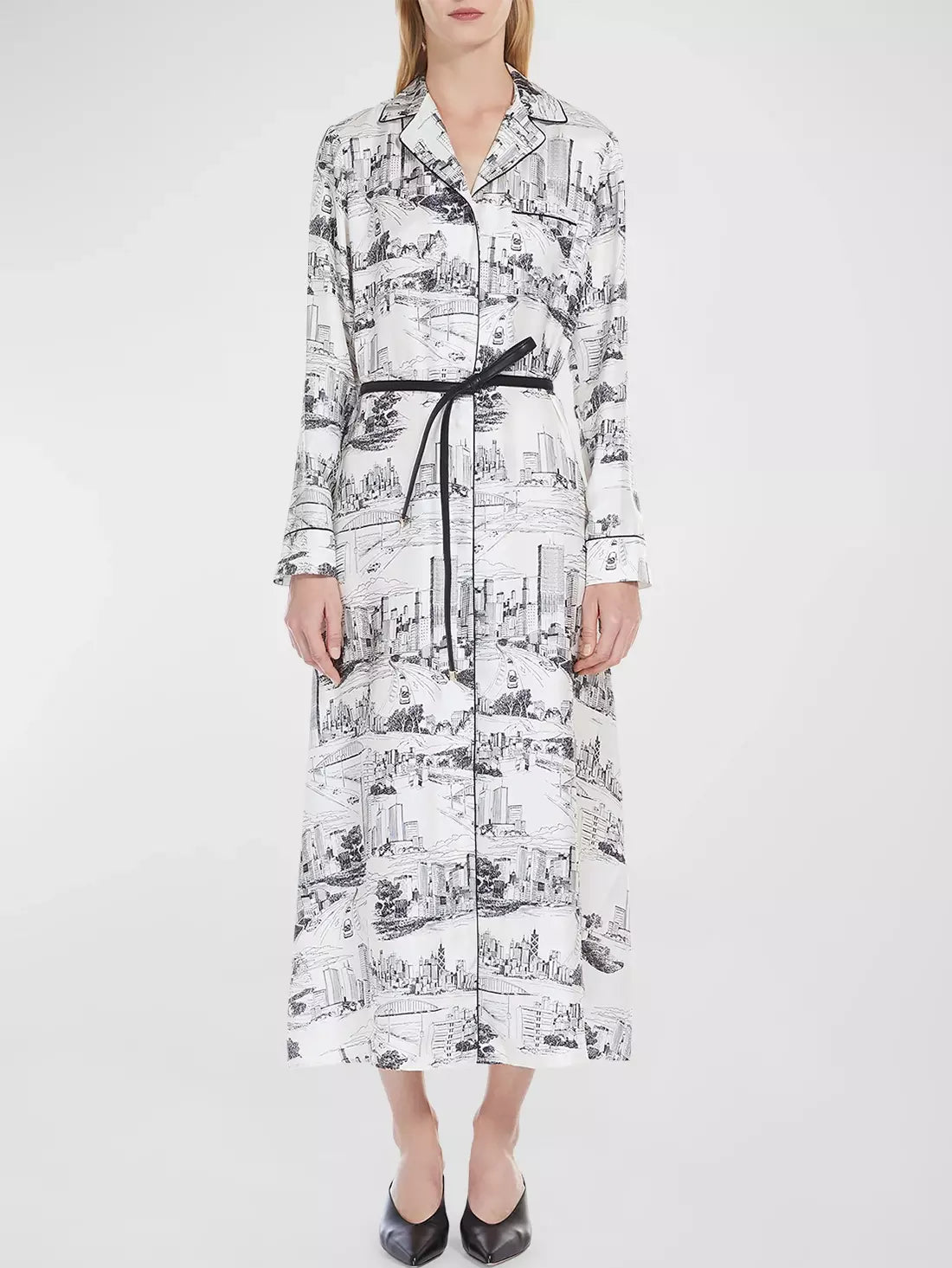 Women's Formal Event Outfit Sophisticated Cut Belted Print Lounge Robe Midi Dress