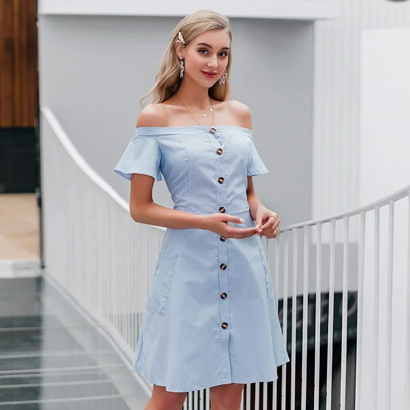 Women's High-End Clothing Unbeatable Prices Sexy Off Shoulder Striped Women's Elegant Buttons Sundress Summer Style A-line Midi Dress