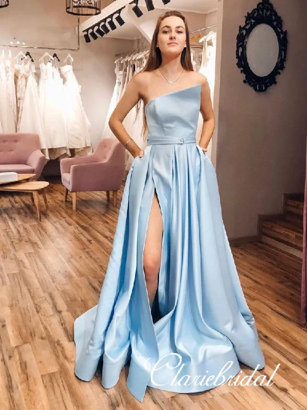 Women's Trendy Garments Bold Fashion Strapless Long A-line Light Blue Satin Prom Dresses, High Slit Prom Dresses, Long Prom Dresses