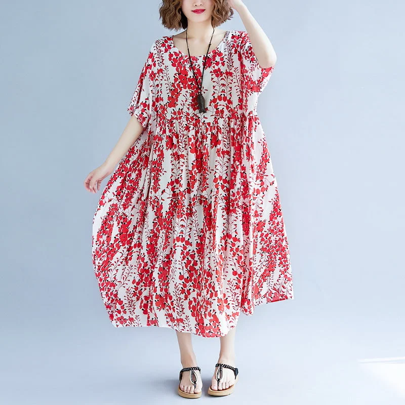 Women's Clothing For Travel Season Transition Versatile Wear Clearance fine red cotton linen dress trendy plus size short sleeve print baggy dresses cotton gown 2018 v neck traveling clothing