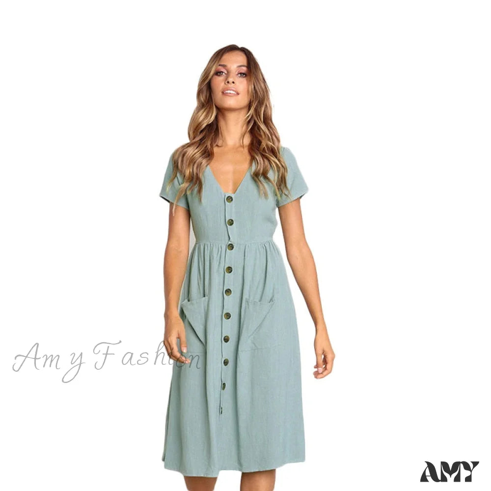 Women's Trendy Clothes Playful Elegance Amy Fashion - Casual V-neck Sleeve A-line Midi Dresses