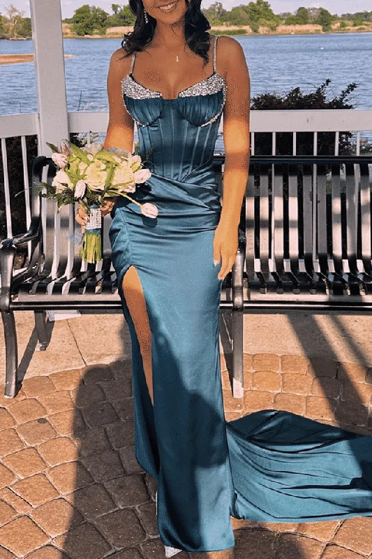 Women's Vintage-Inspired Outfit Wardrobe Refresh Spaghetti Straps Beads Pleated Satin Mermaid Prom Formal Dress with Slit