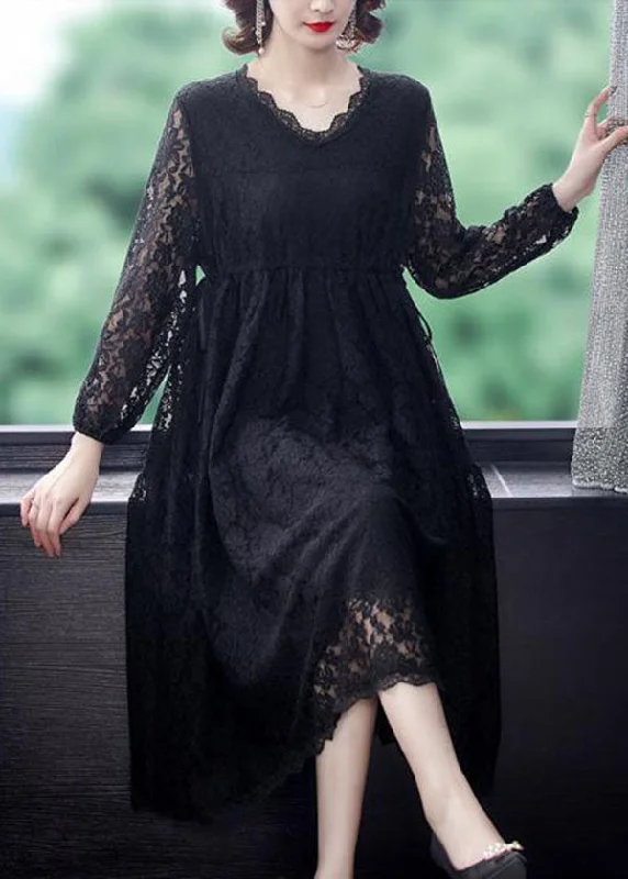 Women's Evening Wear Outfit Style Streetwear Beautiful Black V Neck Hollow Out Exra Large Hem Lace Maxi Dresses Spring