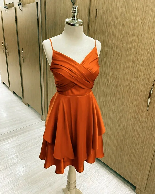 Women's Athletic Apparel Vintage Charm Simple Satin Short Homecoming Dress Burnt Orange V-neck Semi Formal Dress