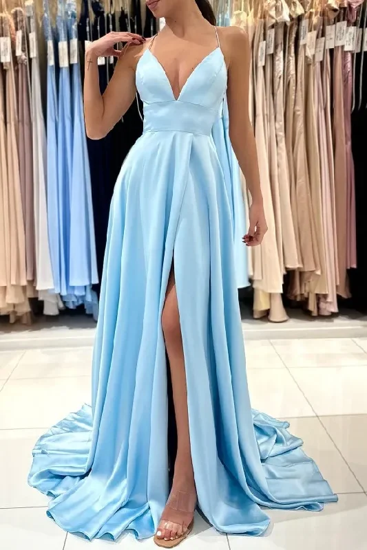 Women's Casual Attire Cool Prices Satin Spaghetti Straps A-Line V-Neck Pleated Long Prom Dress with Slit