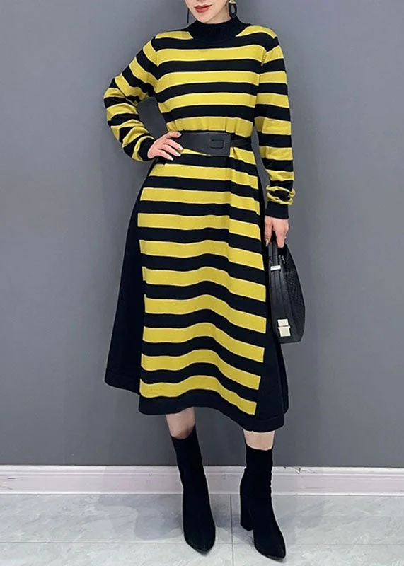 Women's Comfortable Apparel Casual Chic Clothing Bohemian Yellow O-Neck Striped Patchwork Party Maxi Dress Long Sleeve