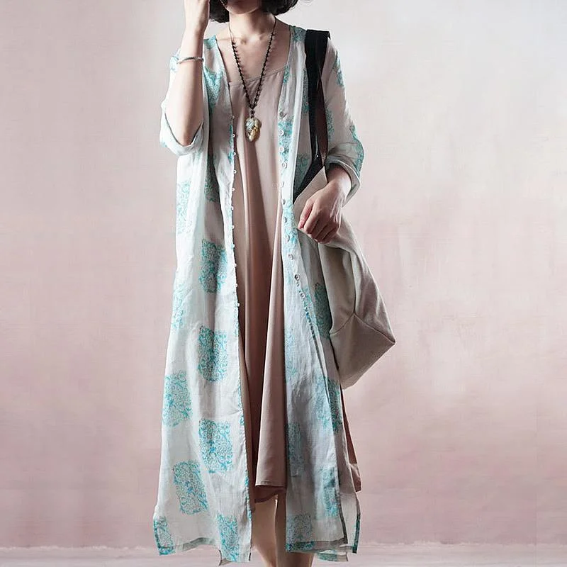 Women's Garments Fashion-Forward Style stylish blue print long linen dresses plus size clothing v neck side open traveling dress Fine half sleeve gown