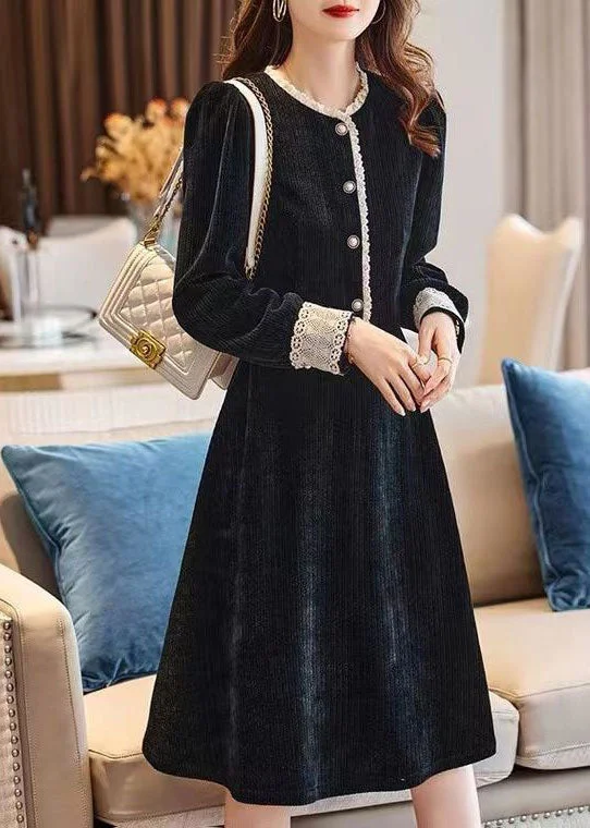 Women's Cozy Outfit For Lounging Stay Ahead In Style Art Black O-Neck Lace Patchwork Thick Corduroy Maxi Dresses Spring