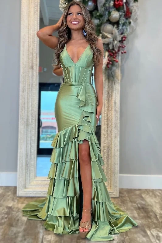 Women's Seasonal Apparel Elegant Ensemble Mermaid V-Neck Straps Layered Satin Sleeveless Long Prom Dress with Slit