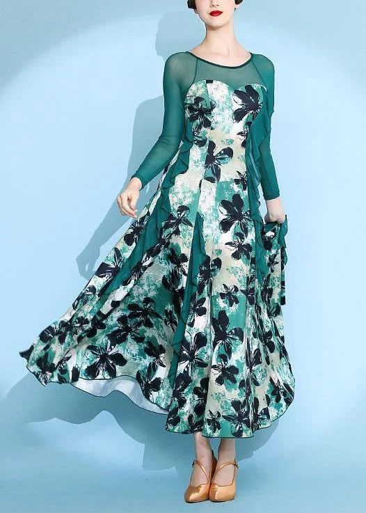 Women's Athletic Garments Fashion-Forward Unique Green Print Patchwork Chiffon Maxi Dresses Spring