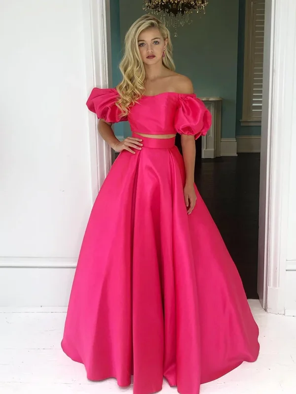 Women's Vintage-Inspired Clothing Trend Driven Wardrobe 2 Pieces A-line Satin Long Prom Dresses, Off Shoulder 2021 Long Party Prom Dresses