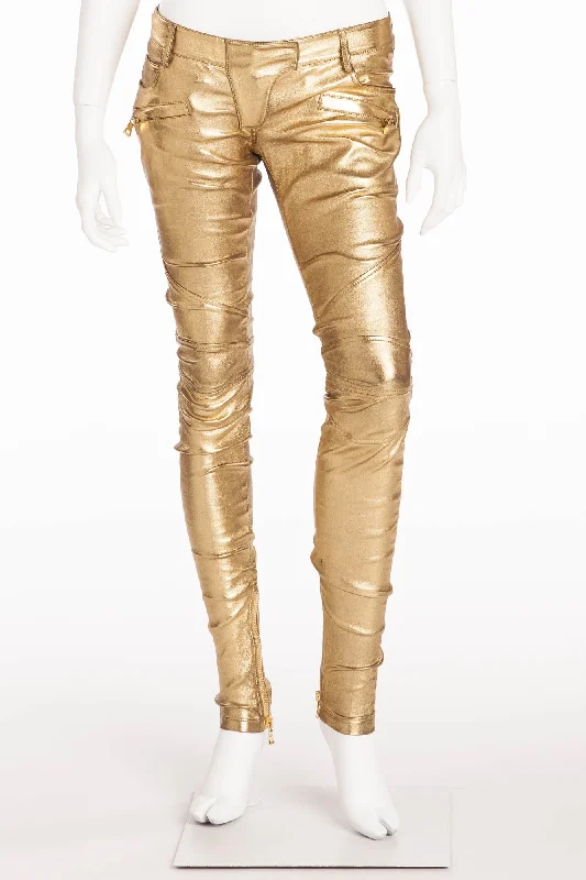 Women's Athletic Garments Style Breakthroughs Balmain - New with Tags Gold Leather Skinny Jeans - FR 38