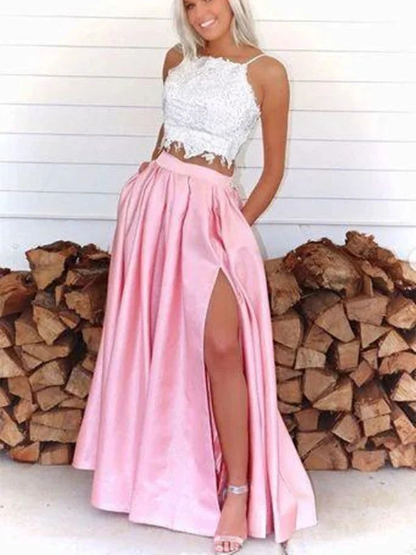 Women's Athletic Outfit Timeless Elegance Redefined Two Pieces Lace Long Prom Dresses, A-line Satin Newest Prom Dresses